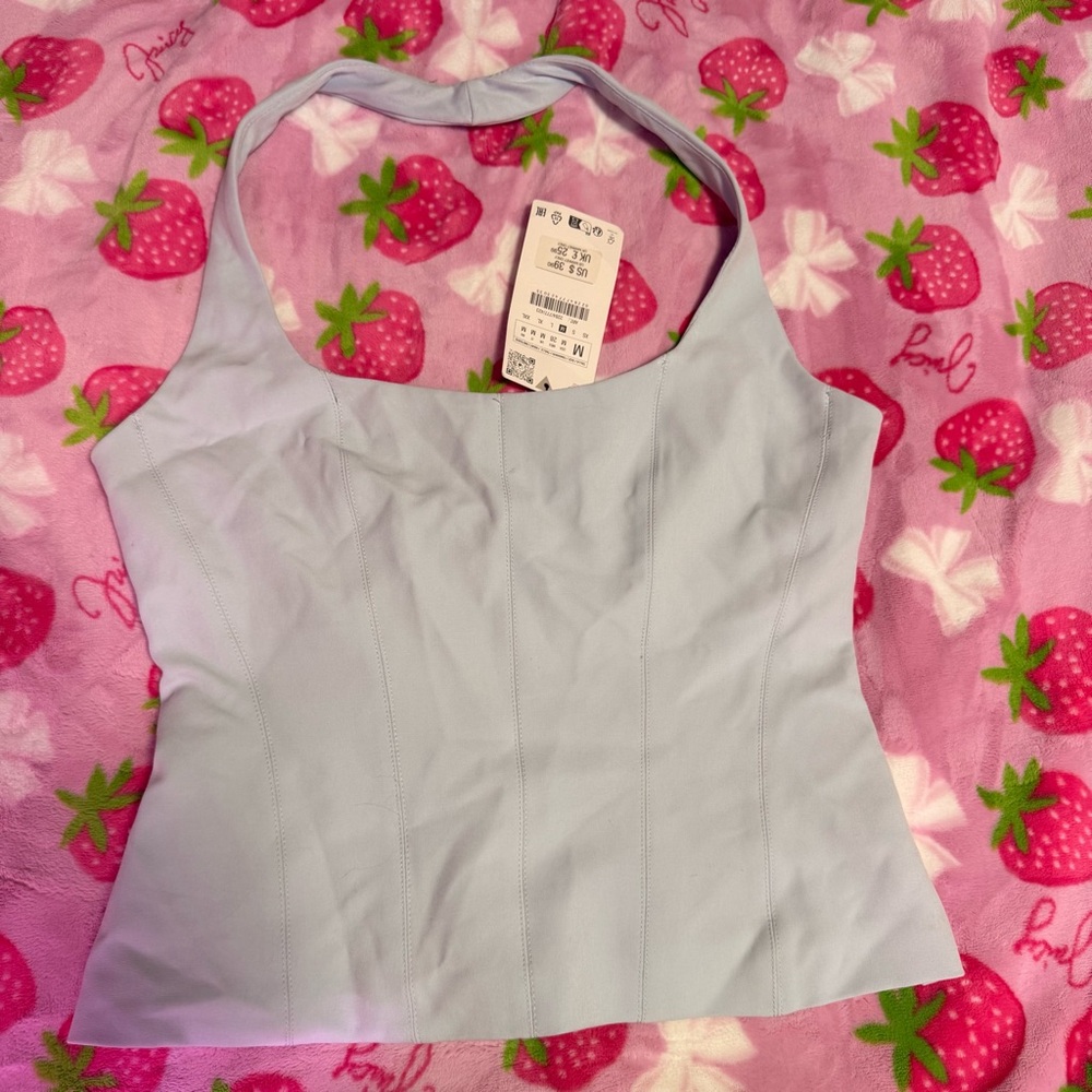 Zara Baby Blue Corset Crop Tank Top NWT Medium — Small Front Stain Retails $40